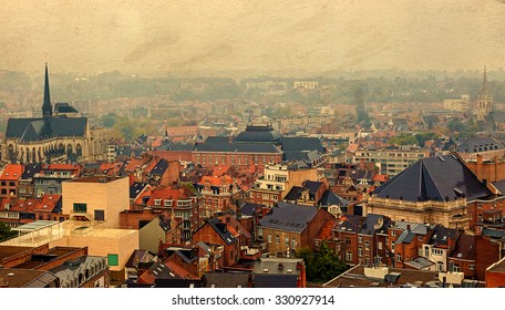 Old Postcard With Aerial View Of Leuven From University Tower. Leuven Is The Capital Of The Province Flemish Brabant In The Flemish Region, Belgium.  Vintage Processed.