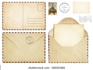 Old postcard, mail envelope, open letter, stamp collection