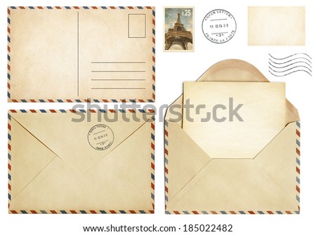 Old postcard, mail envelope, open letter, stamp collection