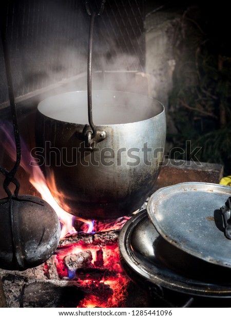 Old Pot Hanging Fireplace Above Wood Vintage Objects Stock Image