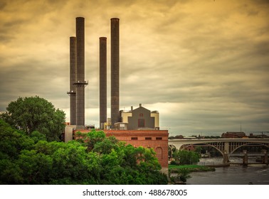 Old Power Plant On The Mississippi River With The 35W Bridge.