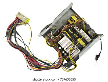 Old power supply computer shock, burns
and deterioration from the power overload  isolated on white background top view.