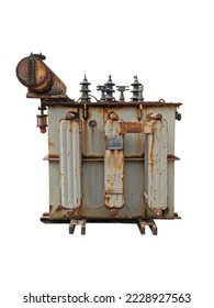 Old power transformer in main store on white isolated background