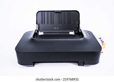 Old Printer With Ink Tank On A White Background 