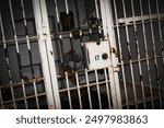 old prison bars showing a prison cell locked with bed and toilet. The bars are old and rusted. The cell door is locked with the number 17 painted on it. The cell is dark and gloomy.