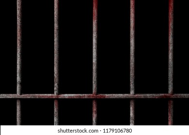 Old prison rusted metal bars cell lock with blood stain isolated on white background, concept of strengthen and protect with horror