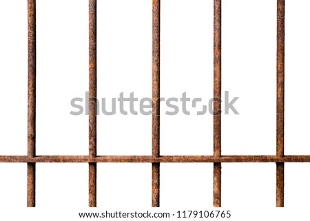 Old prison rusted metal bars cell lock isolated on white background, concept of strengthen and protect