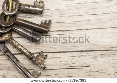 Old prison skeleton keys close up shot