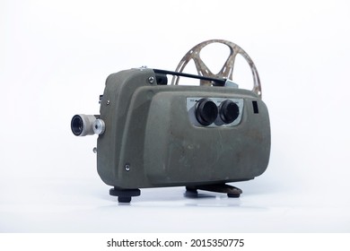 Old Projector. Isolated White Background. Button Showed.