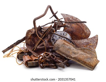 Old propeller with pile of scrap metal isolated on a white background. - Shutterstock ID 2031357041