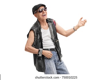 Old Punk Rocker Playing Air Guitar Isolated On White Background