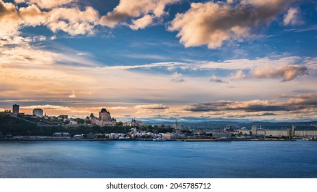 Old Quebec City, With The Chateau Frontenac At Sunset, Seen From The St. Lawrence River