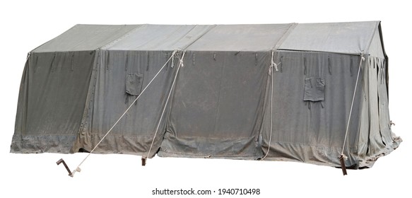 Old ragged canvas army tent. Isolated on white