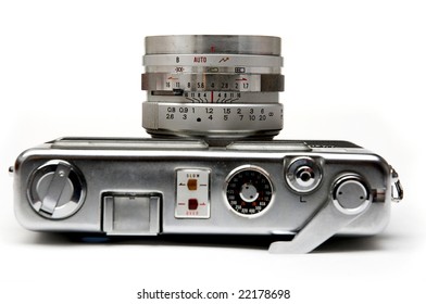 Old rangefinder camera on a white background