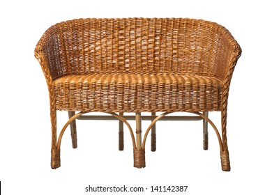 Old Rattan Sofa Isolated On White. Front View, Hand Made