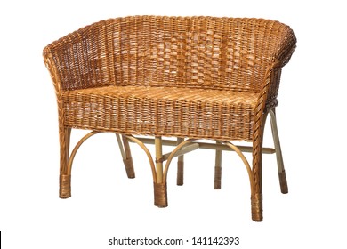 Old Rattan Sofa Isolated On White, Hand Made