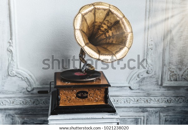 Old Record Player Against Ancient Wooden Stock Photo (Edit Now) 1021238020