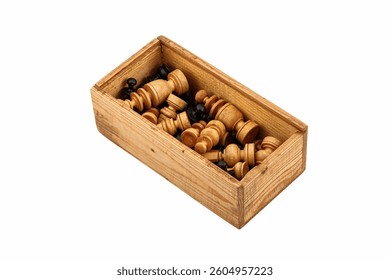  An old rectangular wooden box with chess pieces. Transparent background.
