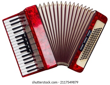 Old red accordion isolated on a white background