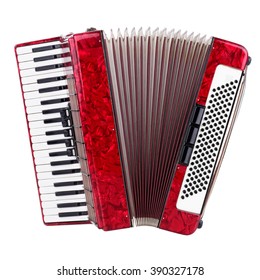Old red accordion isolated on a white background