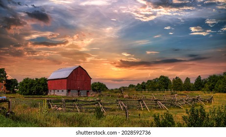 An Old Red Barn at Sunset