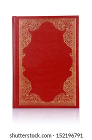 Old Red Book With Gold Color Ornament On Cover Isolated On White. There Is No Copyrighted Elements.