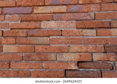 Old Red Brick Wall Texture Background. High quality photo. Close up view of an old red brick wall with visible cracks and weathered texture. The worn surface and natural imperfections create a rustic