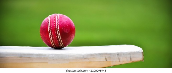 Old red cricket ball and bat for cricket sport practicing with blurred green grass court background, soft focus, crop shot.