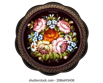 Old Red Decorative Russian Folk Handpainted Metal Tray With Floral Color Pattern On White. Use For Interior Design.