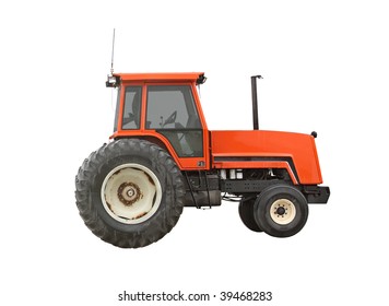 Old Red Farm Tractor Isolated On White