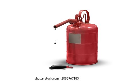 An Old Red Fuel Filler Can On A White Background Like Studio Shot And With Some Oil Drops And Spill On Ground.