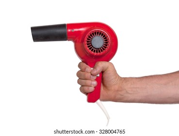 Old Red Hairdryer In Hand Isolated On White