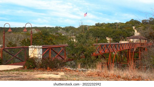 Old Red Iron Bridge In Central Texas By The Guadalupe River 