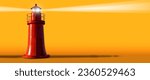 Old red lighthouse with light beams on a Yellow and Orange Background with copy space, Photography.