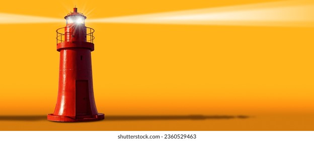 Old red lighthouse with light beams on a Yellow and Orange Background with copy space, Photography.