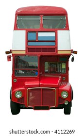 Old Red London Double Decker Bus, Isolated On White.