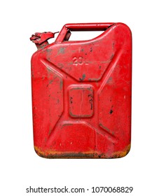 Old red metal fuel tank for transporting and storing petrol. Isolated  on a white background