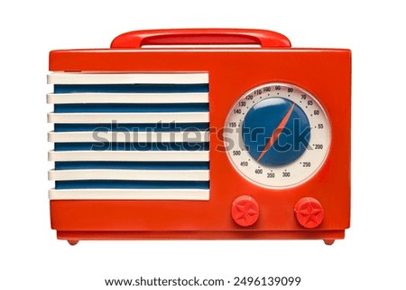 Old red radio, retro radio isolated in white background.
Vintage collection radio that used bulbs.