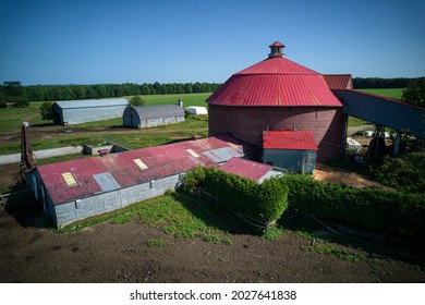 Old Red Round Barn View By Drone