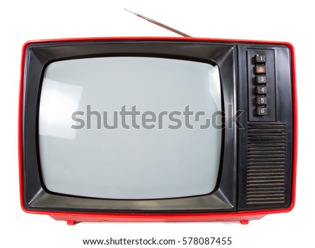 Old red television set made in USSR isolated on white background