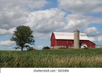 Old Red Wisconsin Dairy Barn On Hill