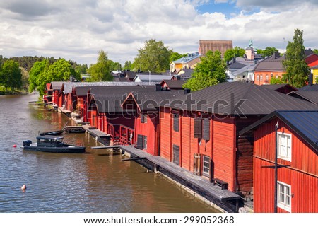 Old red wooden houses on the coast, Porvoo small historical town in Finland