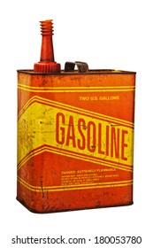 An Old Red And Yellow Gas Can With Grungy Rusting Scratches All Over The Surface. 