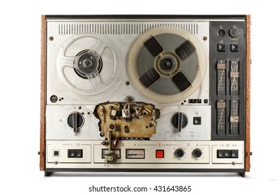 Old reel tape recorder on white background