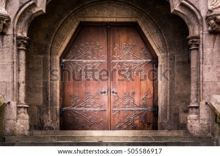 Old Reinforced Medieval Middle Ages Entrance Wooden Iron Doors Stone Castle Church Cathedral Staircase Dramatic Shadow Mysterious