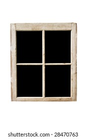 Old residential window frame isolated on a white background with panes blacked out.