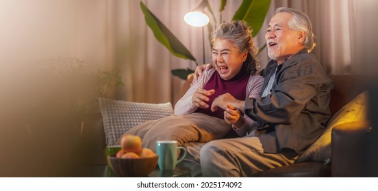 Old Retired Age Asian Couple Watching TV At Home,old Mature Asian Couple Cheering Sport Games Competition Together With Laugh Smile Victory On Sofa Couch At Living Room Home Isolation Activity