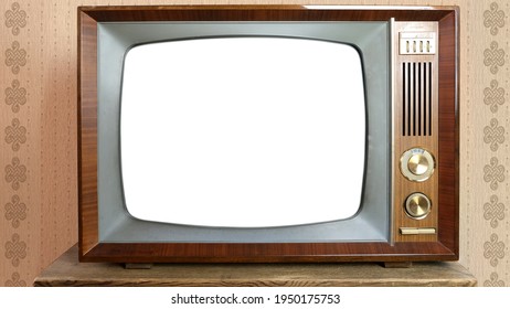 old retro analog TV with blank screen for designer, isolated on white background, 1960-1970, stylish mockup, template for video