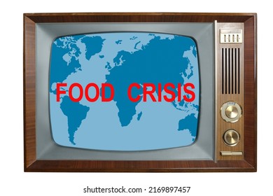 Old Retro Analog TV With World Map Screen, Concept Of Economic Problems, Global Food Crisis, Isolated On White Background, Technology 1960-1970, Not Enough Money To Buy Food, Threat Of Hunger