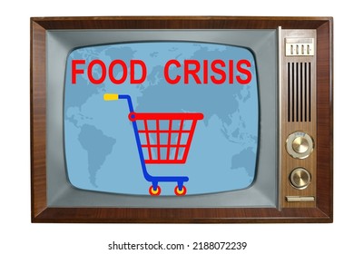 Old Retro Analog TV With World Map Screen, Concept Of Economic Problems, Global Food Crisis, Isolated On White Background, Technology 1960-1970, Not Enough Money To Buy Food, Threat Of Hunger